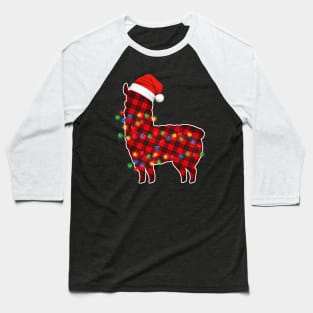 Llama Wearing Santa Hat Christmas Tree Lights and Red Buffalo Plaid Baseball T-Shirt